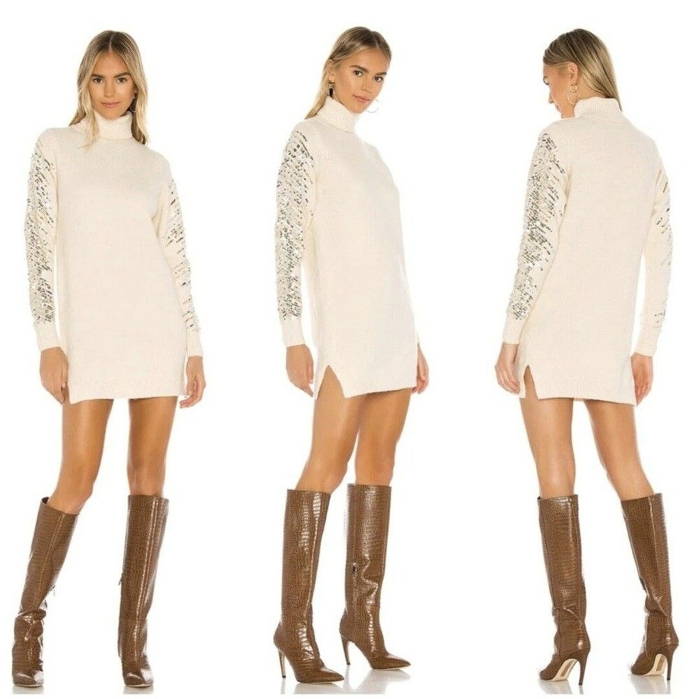 Superdown Rudie Sparkle Sleeve Cream Turtleneck Sequin Mini Sweater Dress Small